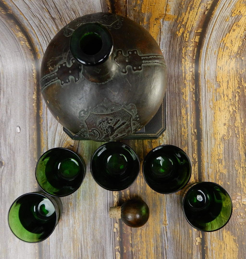 Italian Leather Wrapped Decanter Green Glass Liquor Bottle w/Matching Glasses