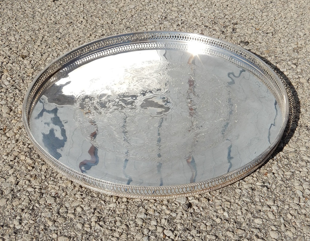 20-1/2"  Sheffield Tray Silver Plated on Copper Chased Detail, Reticulated Edge