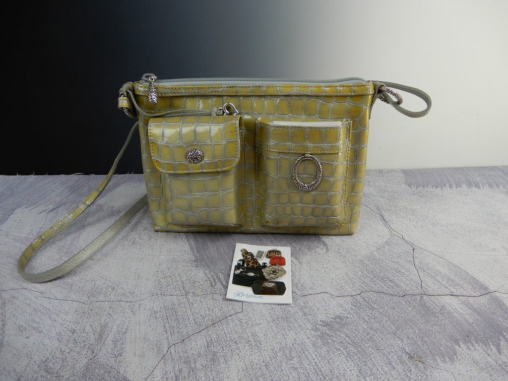 Vintage Brighton Patent Leather Crossbody Croc Embossed Gray/Green 9" by 7"