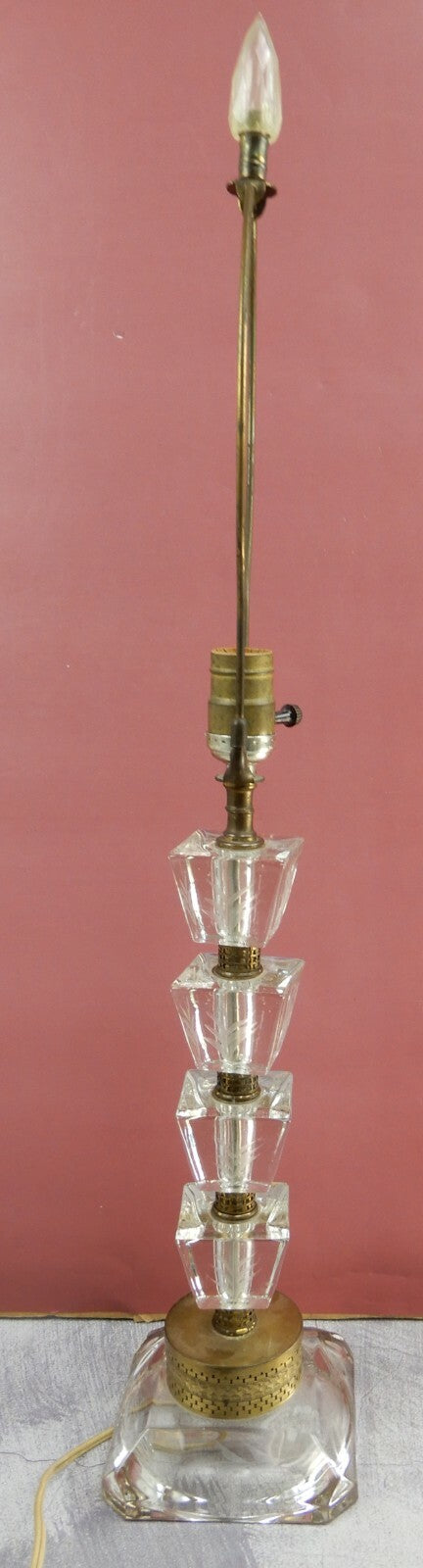 Vintage 28-7/8" Tall Etch Stacked Lucite and Brass Table Lamp
