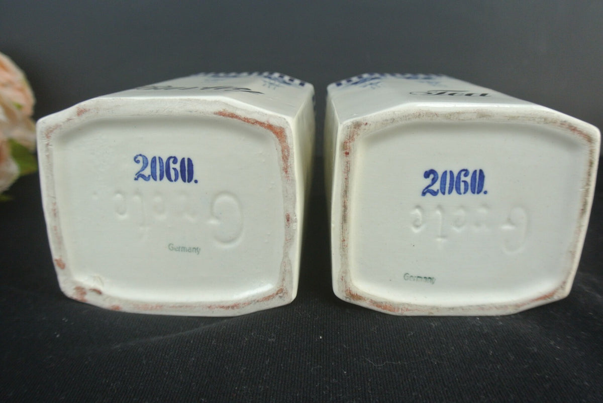 VTG Grete Porcelain Transferware Tea And Barley Storage Jars Set Of 2
