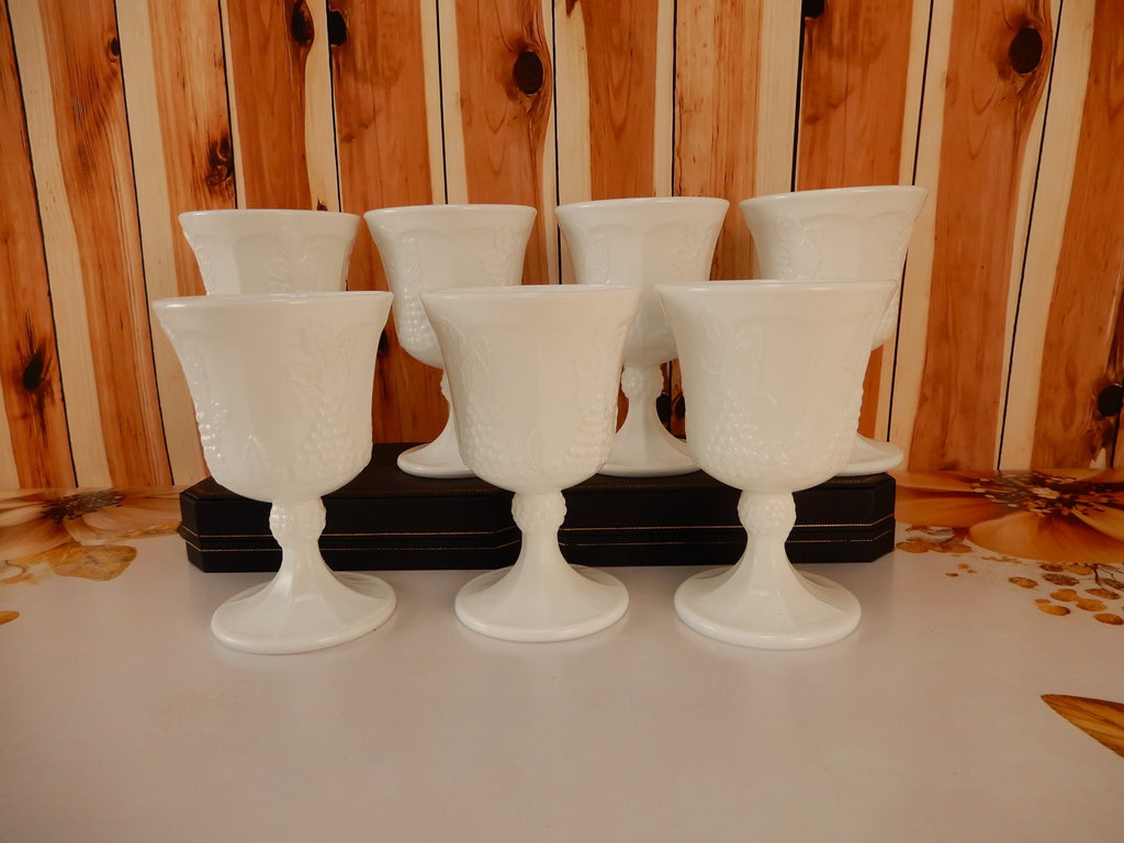 Vintage Set of 7 Indiana Colony Milk Glass Opaque White 8 oz Goblets