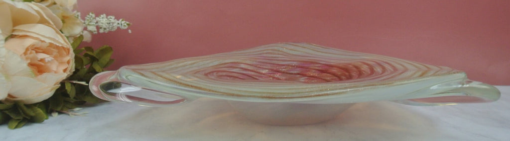 Murano Spiral Flat Bowl Hand Blown Glass Bowl in Pink, Gold Glitter No mark
