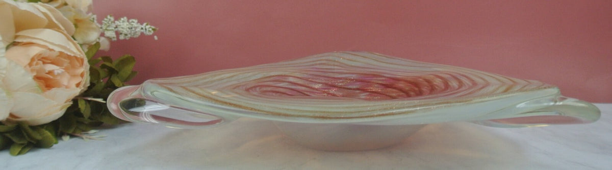 Murano Spiral Flat Bowl Hand Blown Glass Bowl in Pink, Gold Glitter No mark