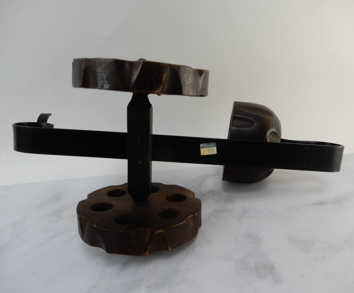 Vintage Cast Iron and Wood Wine Cannon Bottle Holder Made in Spain