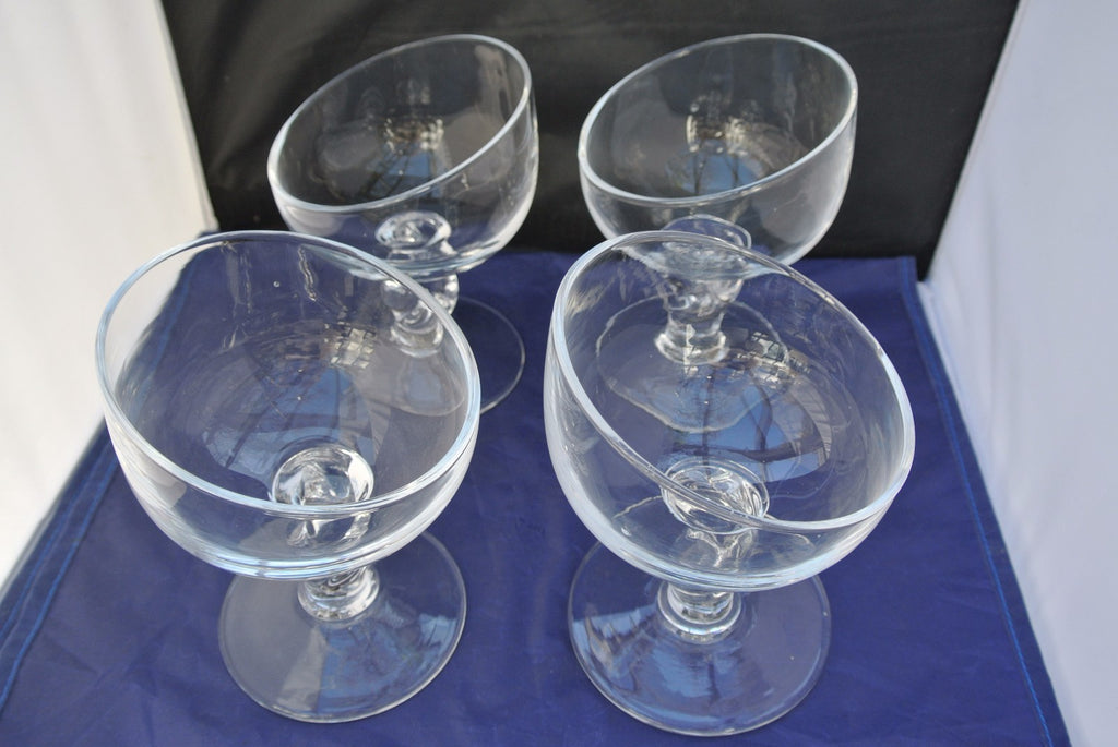(4) Unique Shape Hand Blown Clear Glass Ice Cream Sundae, Margarita Glasses