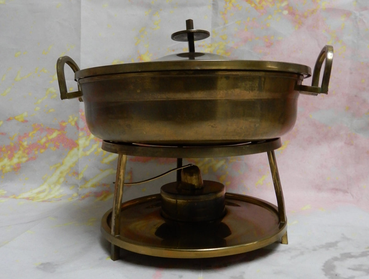 Vtge Brass Chafing Dish Buffet Three-legged Stand Warmer w/ PYREX  Insert
