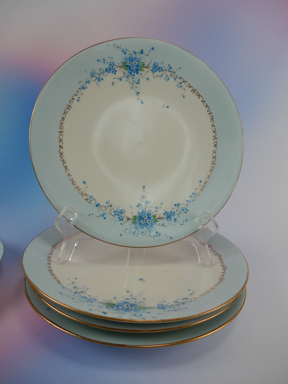 J.P. L. France Blue Forget Me Not Hand Painted Set of Five 9" Luncheon Plates