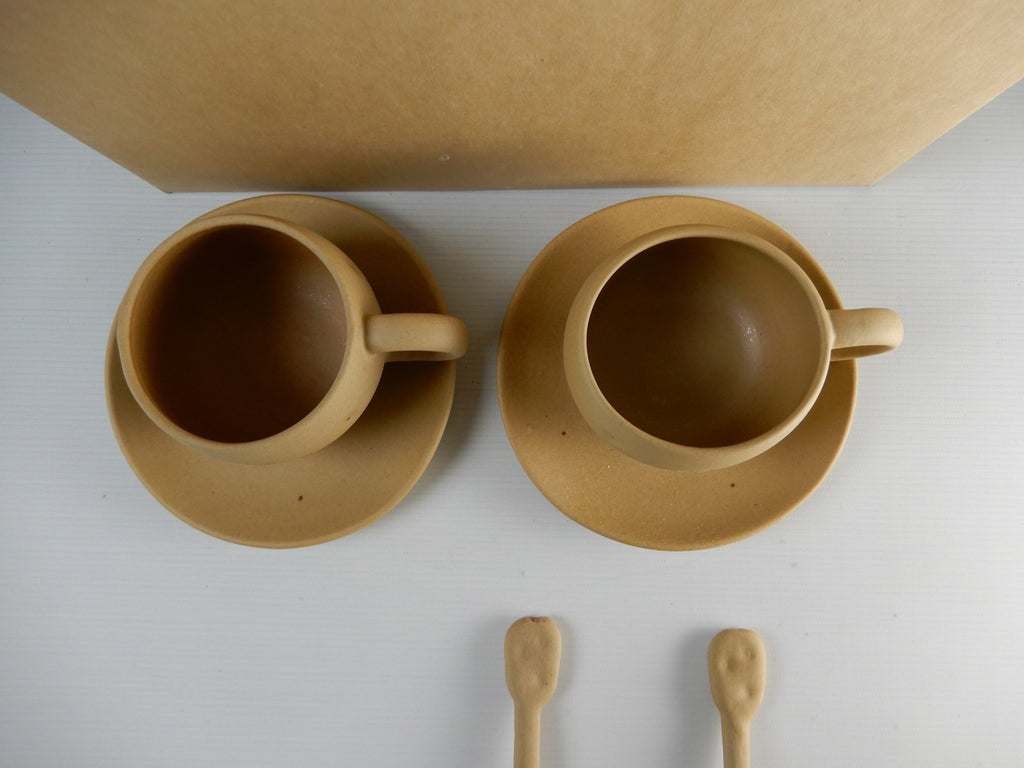 Vtg 1980s Ceramic Japan Kato Kogei Potato Kun Set of Two Cups,Saucers and Spoons