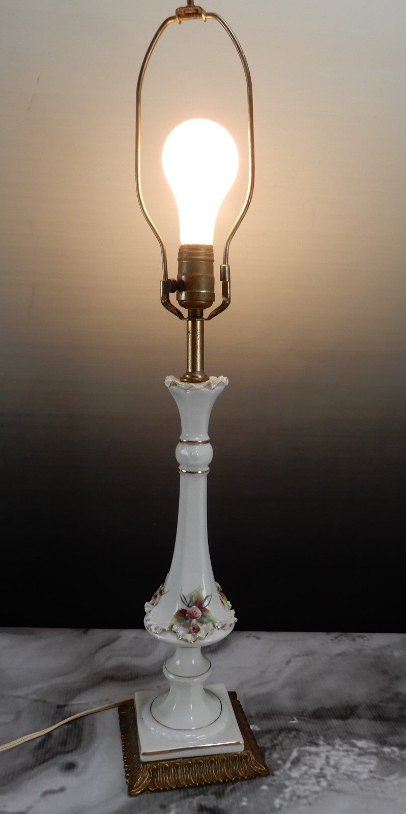 Vintage Porcelain Boudoir Table 3-Way Lamp with Applied Flowers 27" Tall