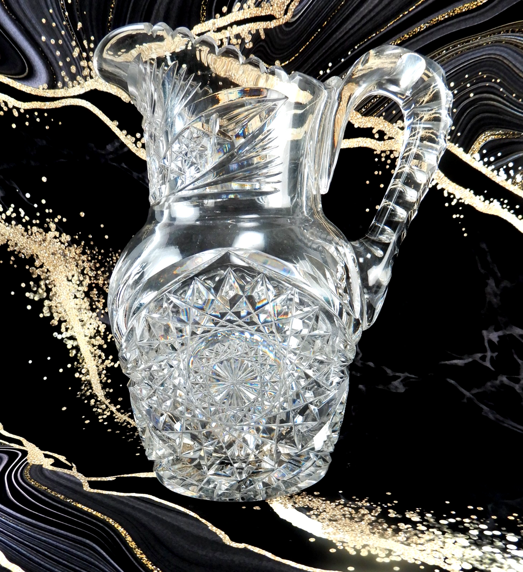 American Brilliant Period ABP Heavy Crystal Cut Glass Hobstar,Fan Notched Handle