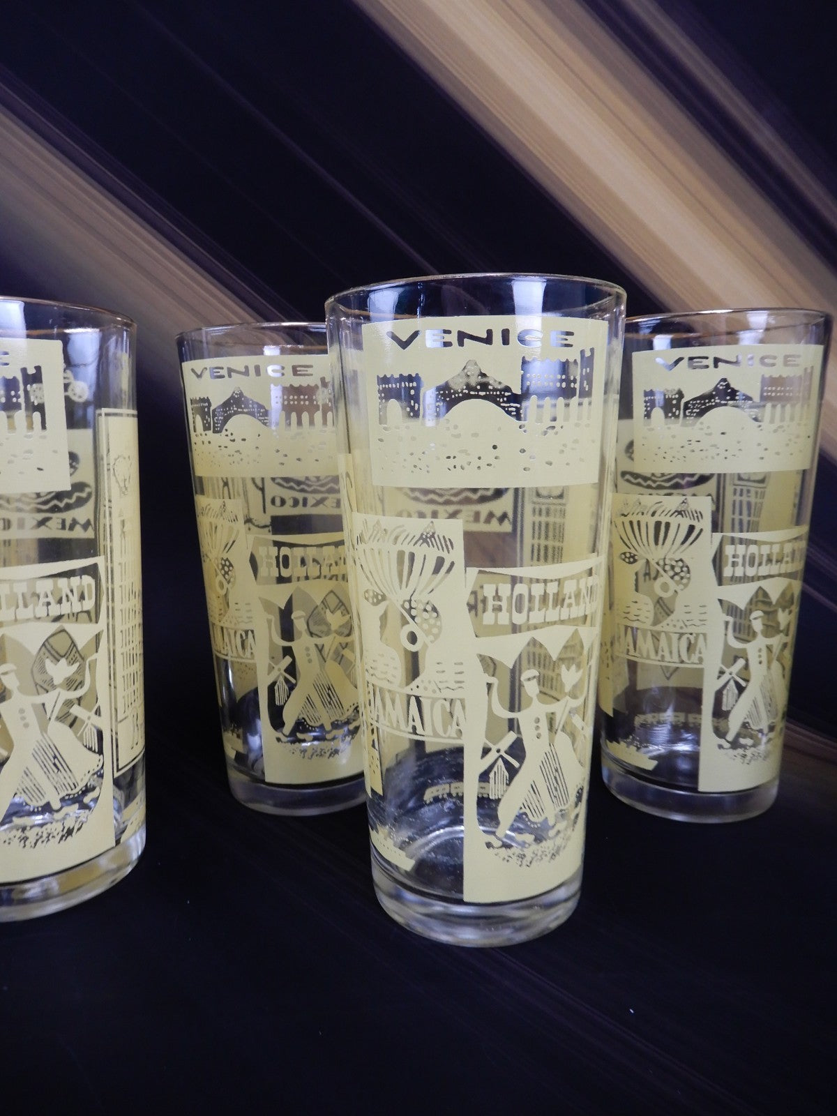 8 Piece Vintage High Ball Yellow Glass Travel Tumblers World Destination 16 oz