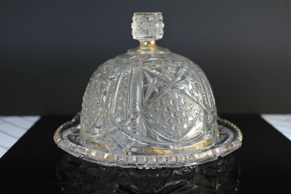 Vintage Ornate Starburst Press Glass Butter Dish With Lid