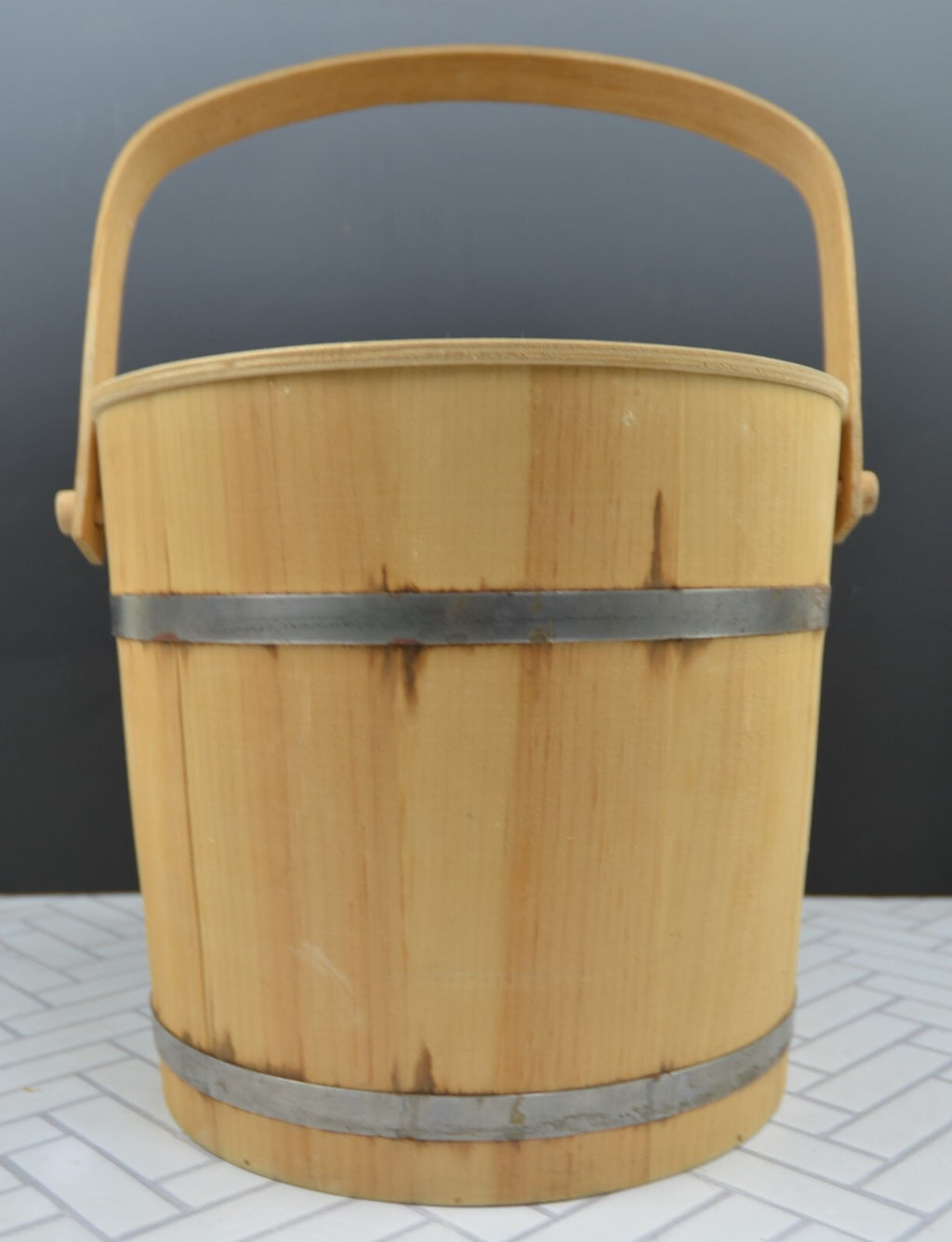 Vintage Metal-Banded Rustic Wooden Display Bucket with Lid 10-1/2" High