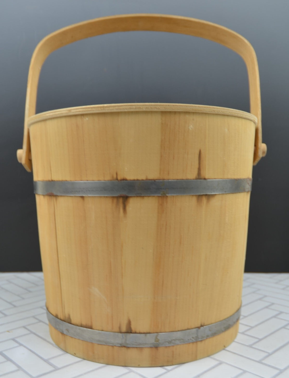 Vintage Metal-Banded Rustic Wooden Display Bucket with Lid 10-1/2" High