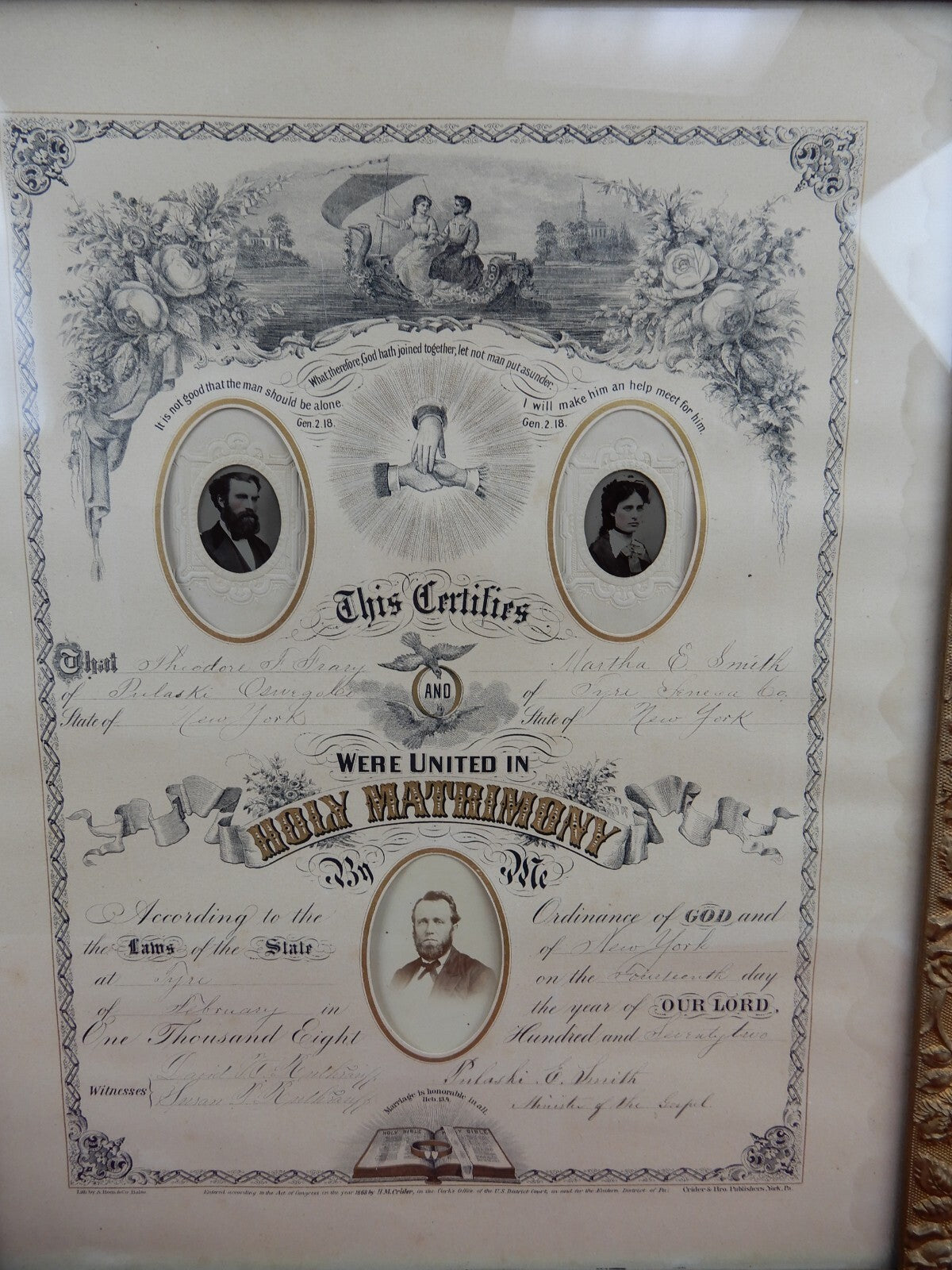 Circa 1872 Marriage Certificate in Gold Embossed Wood Hand Painted 22" Frame