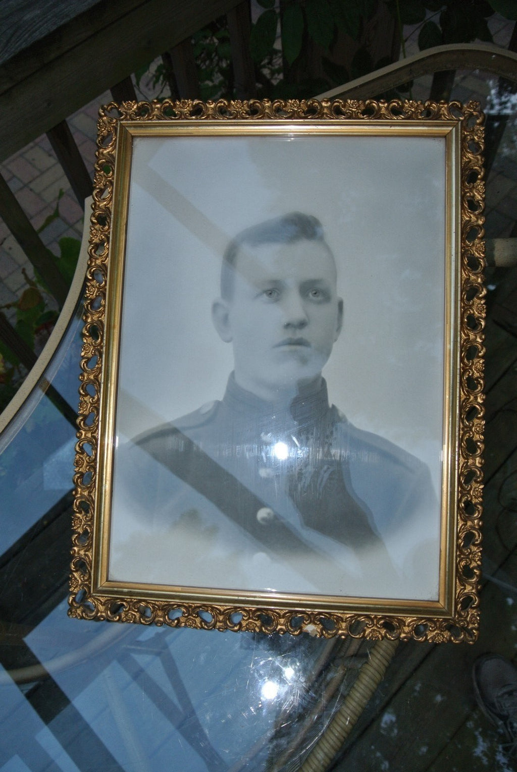 Vintage Antique Black and White Photo Print of Young Man In Meta Frame. Military