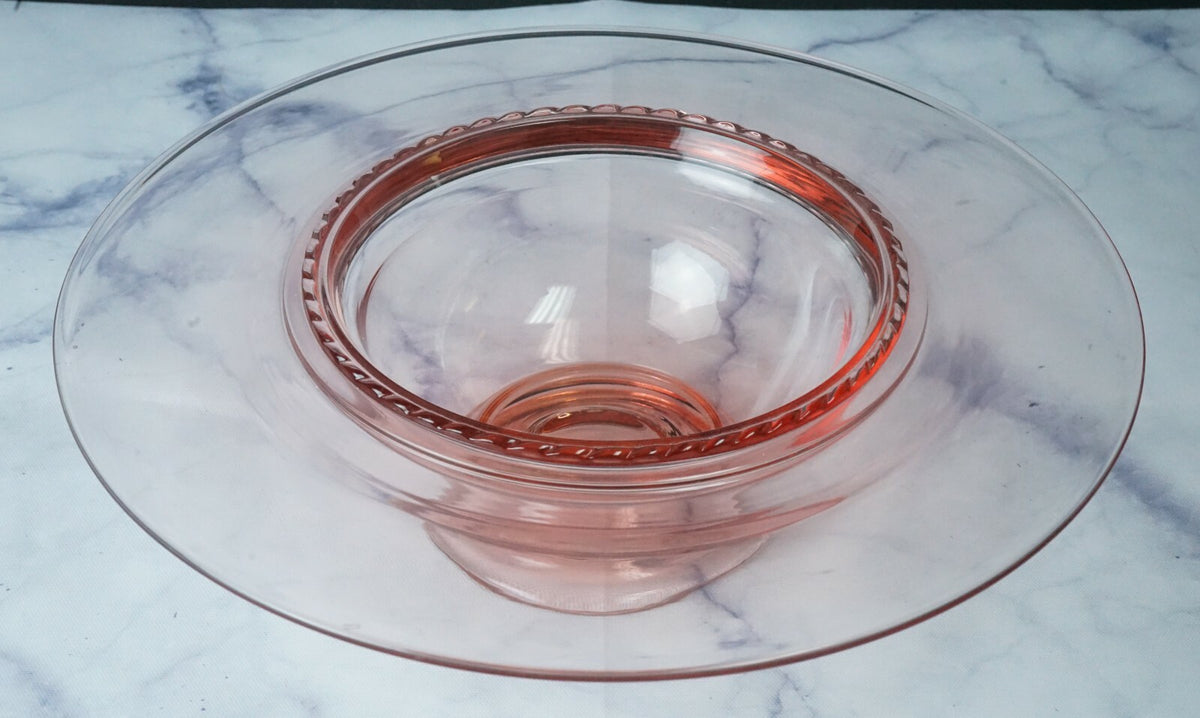 Vintage Pink Depression Glass Center Bowl Ribbed Rim 12.5'' Home Decor