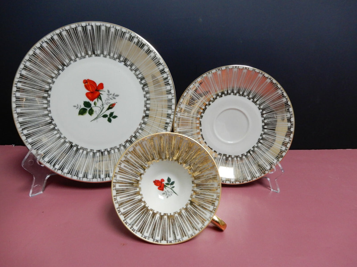 Vintage Beige Tea Set Cup Saucer Dessert Plate Rose Bottom Gold Accent