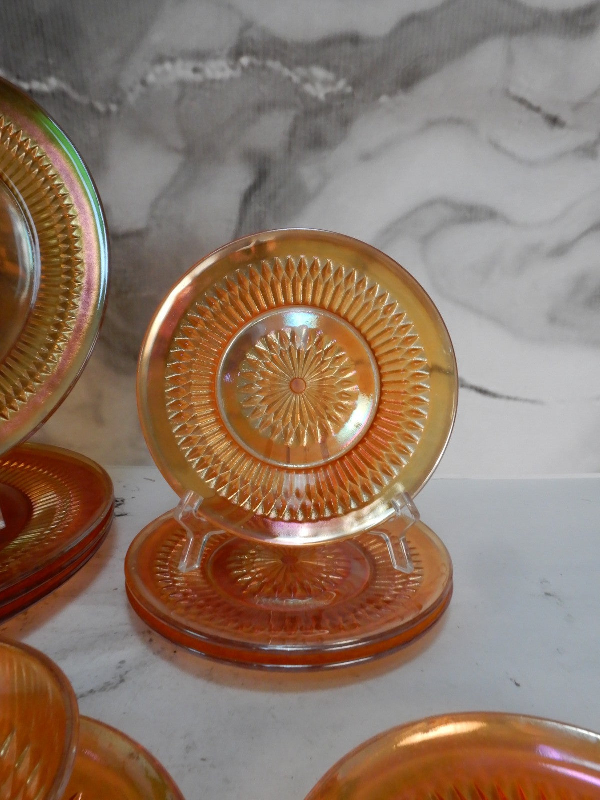 Vintage 12 Pc. Sunburst Iridescent Marigold Jeanette Glass Anniversary Pattern