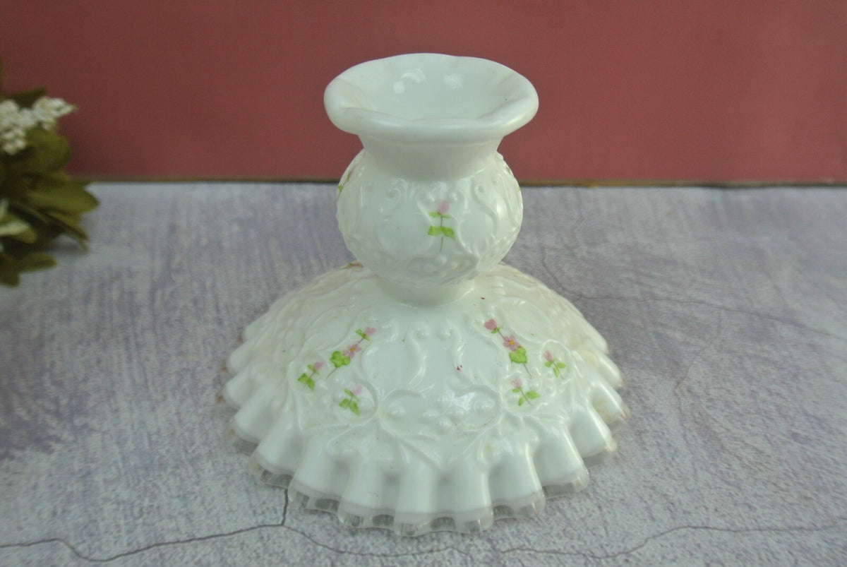 2 Fenton White Milk Glass Silver Crest Spanish Lace Candlestick Holders Signed
