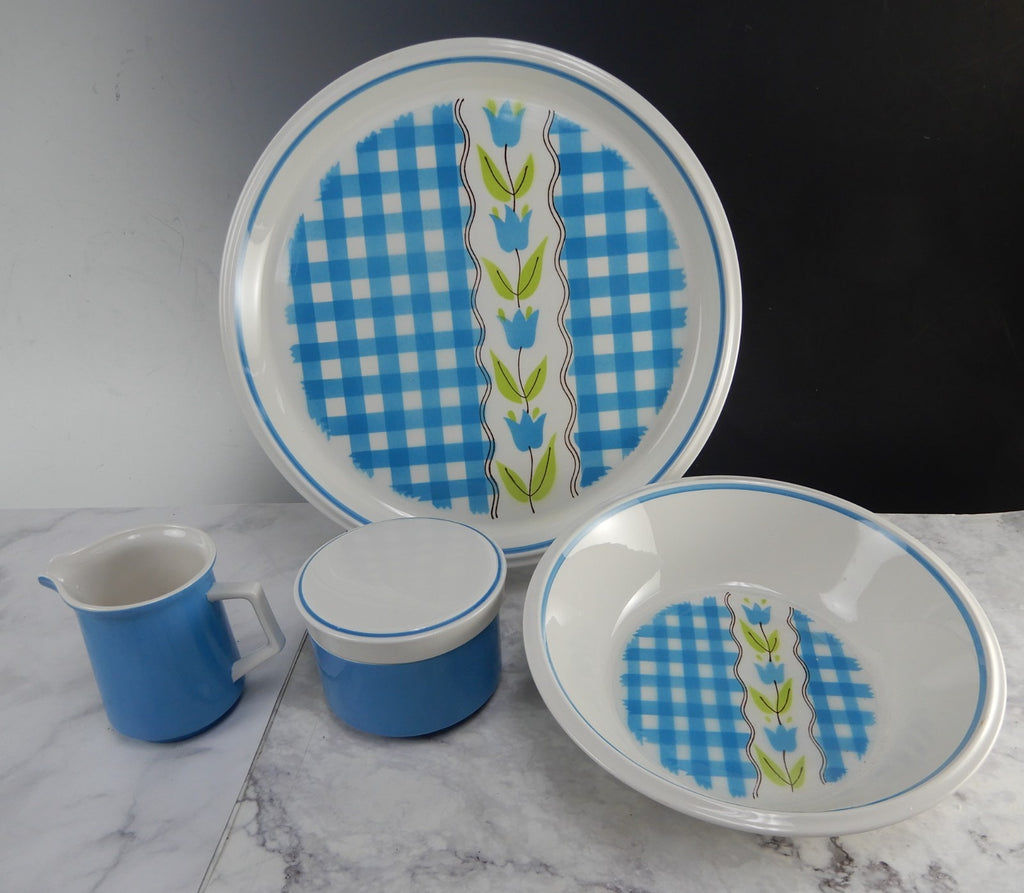 Vtge Mikasa Country Gingham Denim Serving Bowl,Creamer,Sugar Bowl,Round Platter