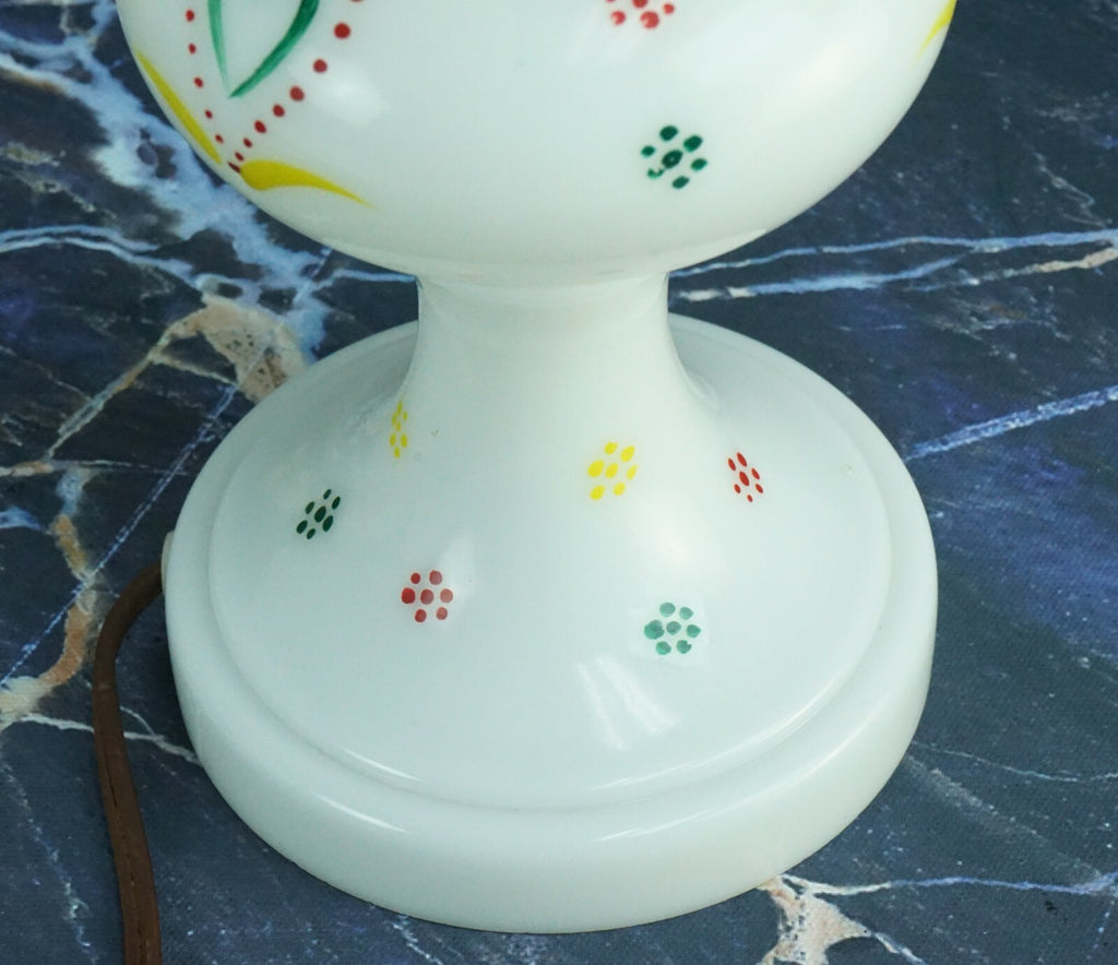 Vintage Glass Table Lamp with Hand Painted Hearts Design Milk Glass