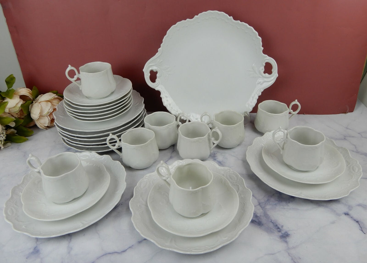 28 Pieces White Ceramic Plates,Saucers, Cups and Handled Plate Cake Unbranded