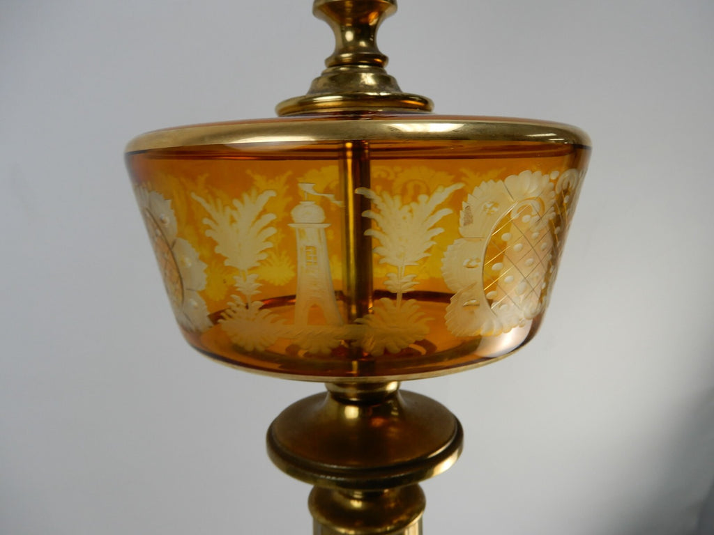 Vintage Czech Bohemian Amber Glass Etched W/ Brass Pilar Table Lamp Marble Base