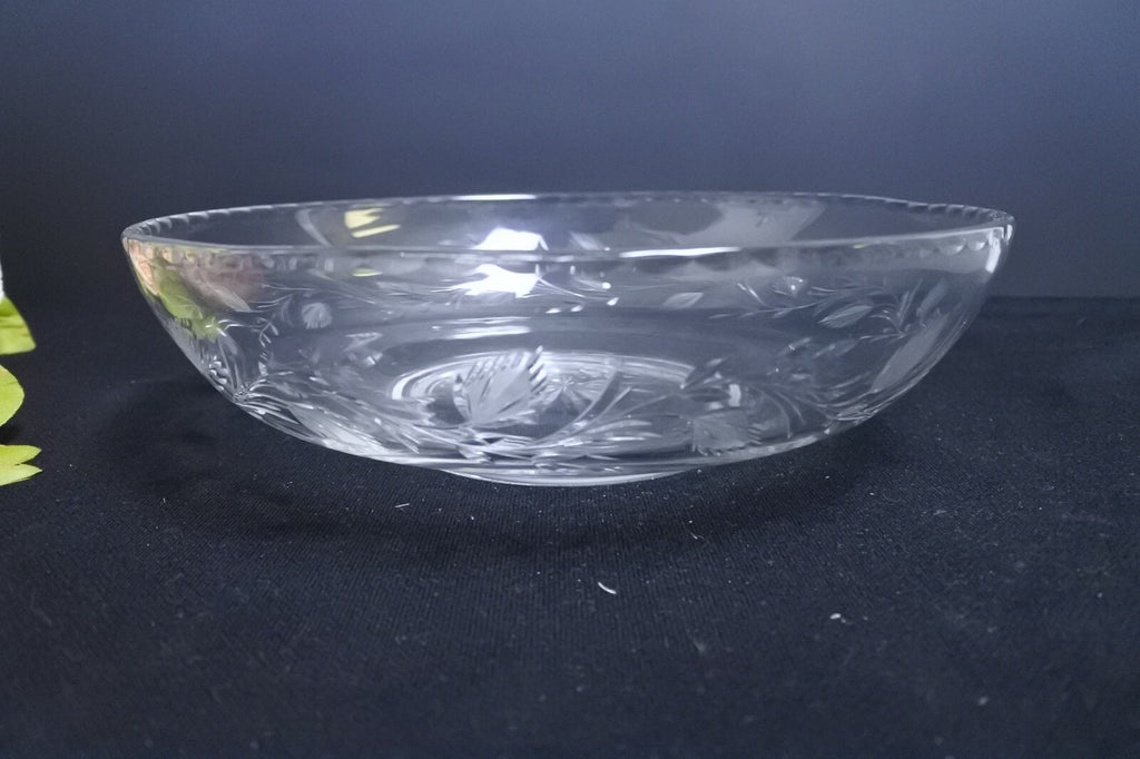Vintage Glass Serving Bowl Etched Leaves Scalloped Rim