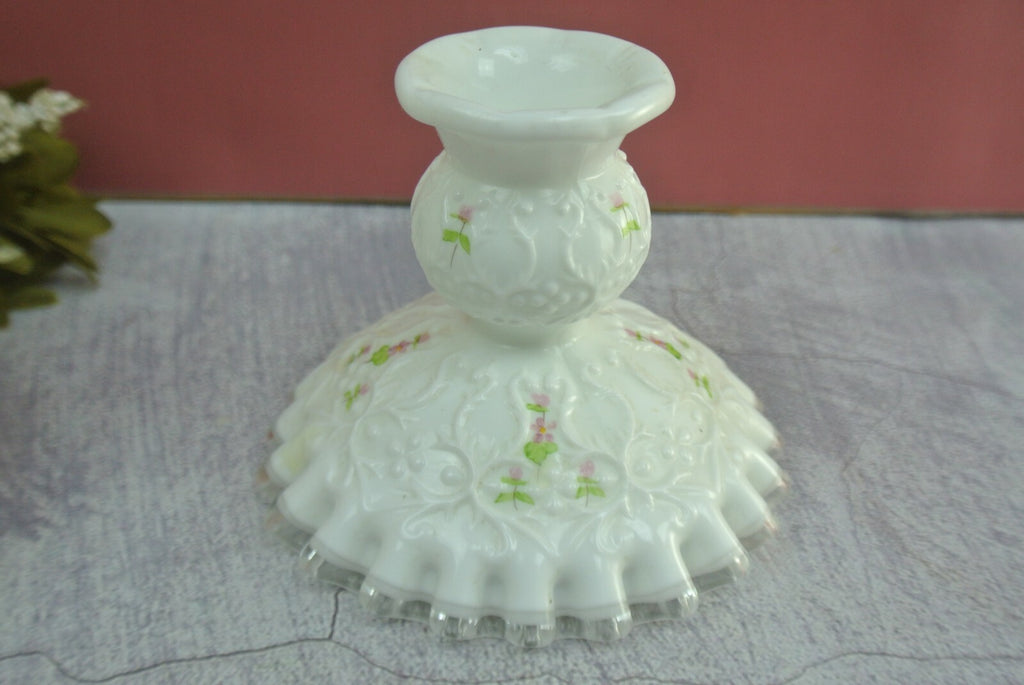 2 Fenton White Milk Glass Silver Crest Spanish Lace Candlestick Holders Signed