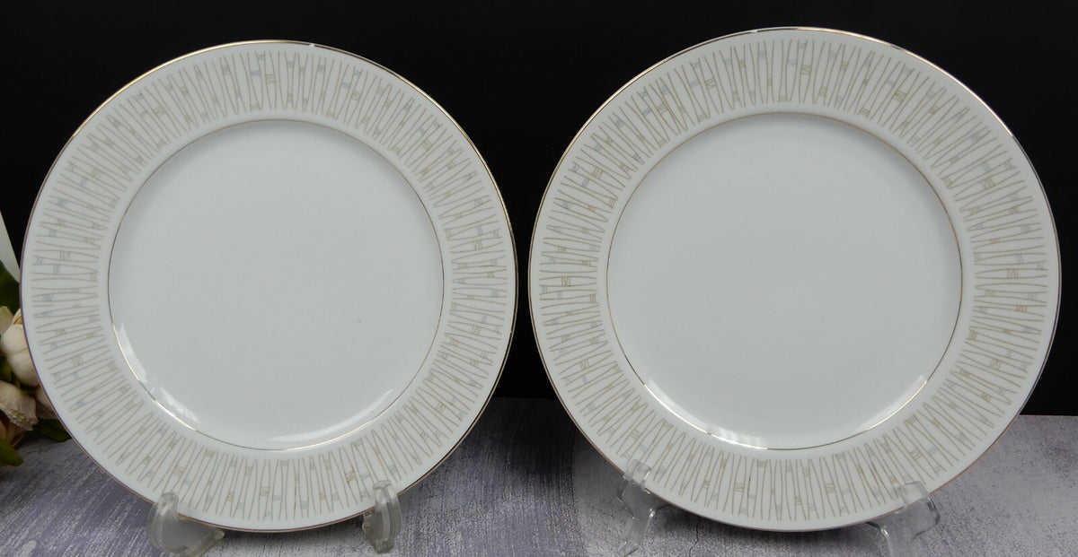 Mikado Malay Gold & Gray Pieces Two Dinner Plates,Two sets of Cups and Saucers