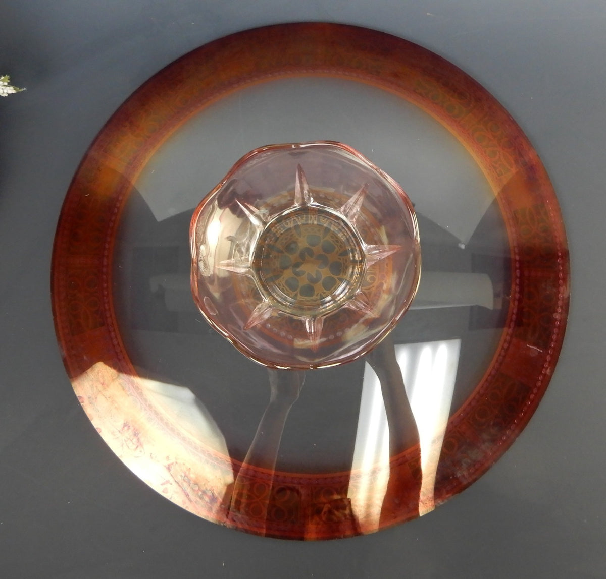 Vintage Glass Red and Gold Cake Stand ,Center Piece 11-1/2" Diameter
