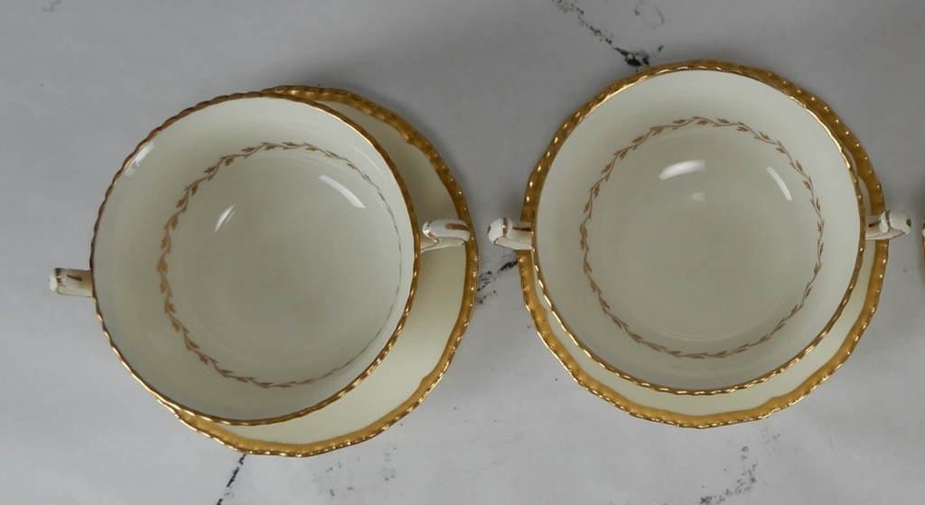 2 Royal Doulton Bone China "Belvedere V1877 "Handled Cream Soup Bowls w/ Saucers