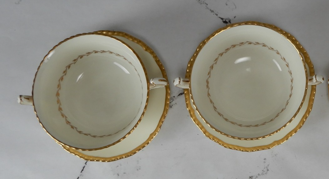 2 Royal Doulton Bone China "Belvedere V1877 "Handled Cream Soup Bowls w/ Saucers