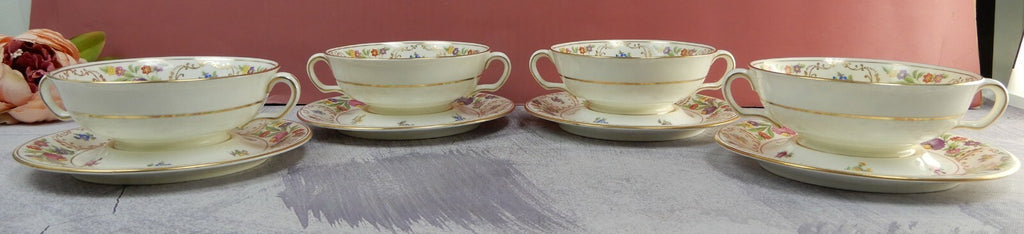 Set of 4 Vtg Dresden Sprays Cream Soup Bowls and Underplates CL Made In England