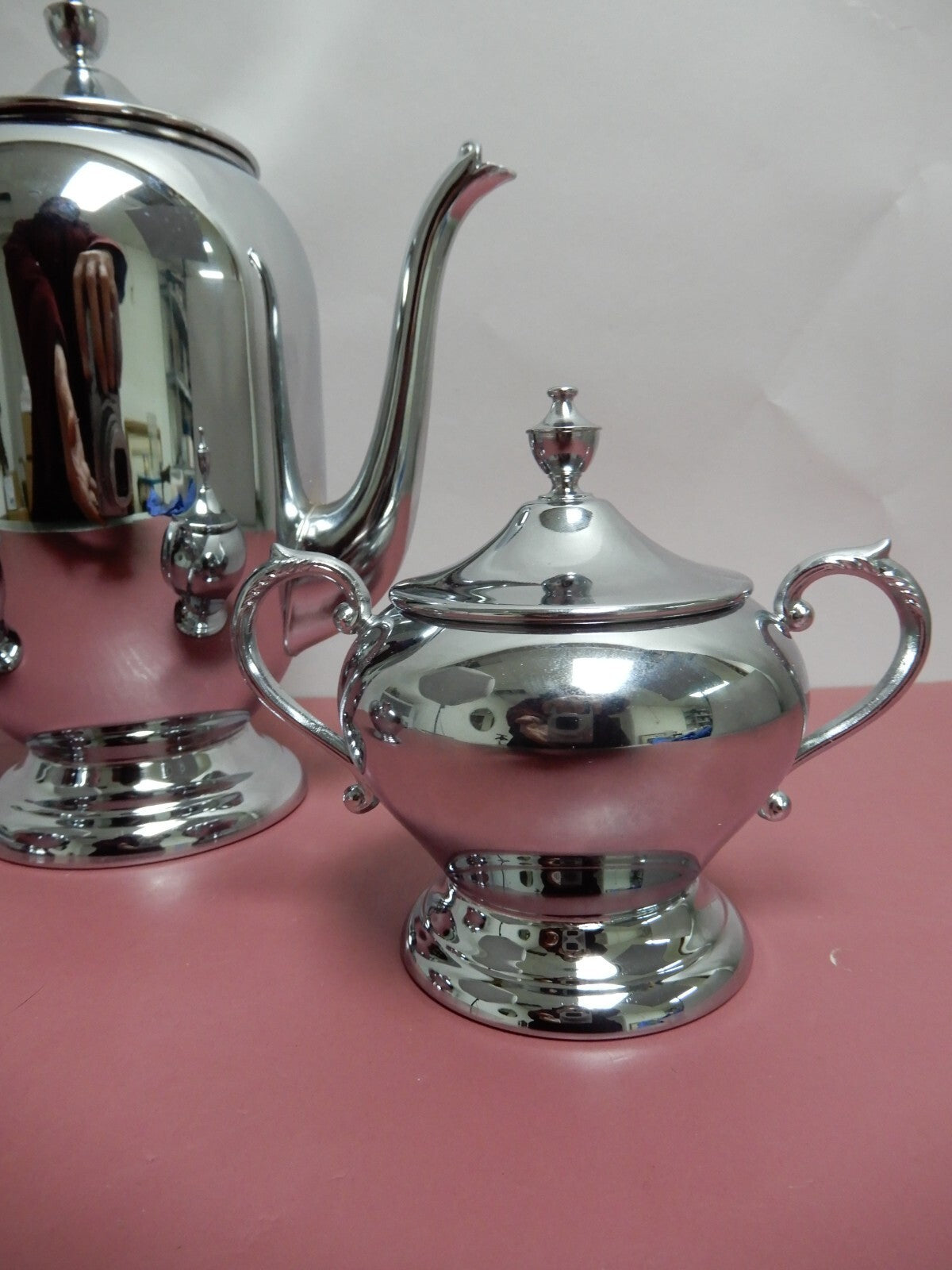 Vintage Sheridan Chrome Coffee Pot ,2 Handled Sugar Bowl w/Lid & Creamer