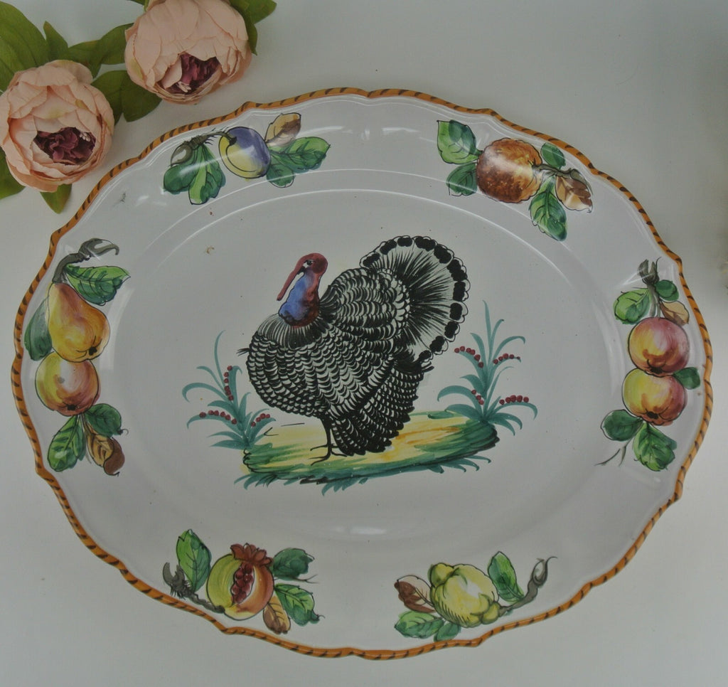 Vintage Large Italian Hand Painted Ceramic Pottery Turkey Platter