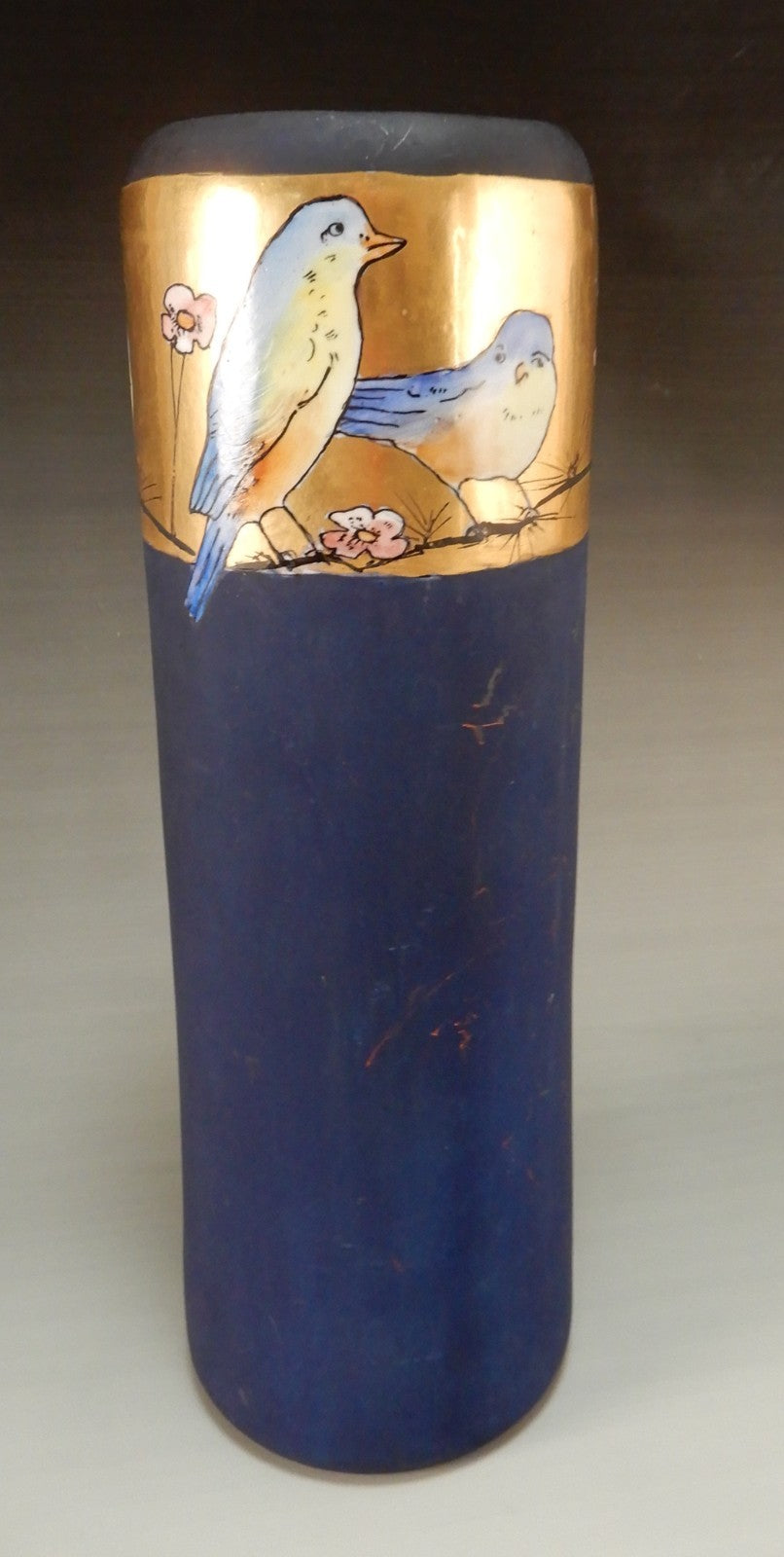 Antique PH Leonard Vienna Austria Hand Painted Birds Cylindrical 12-1/2" Vase