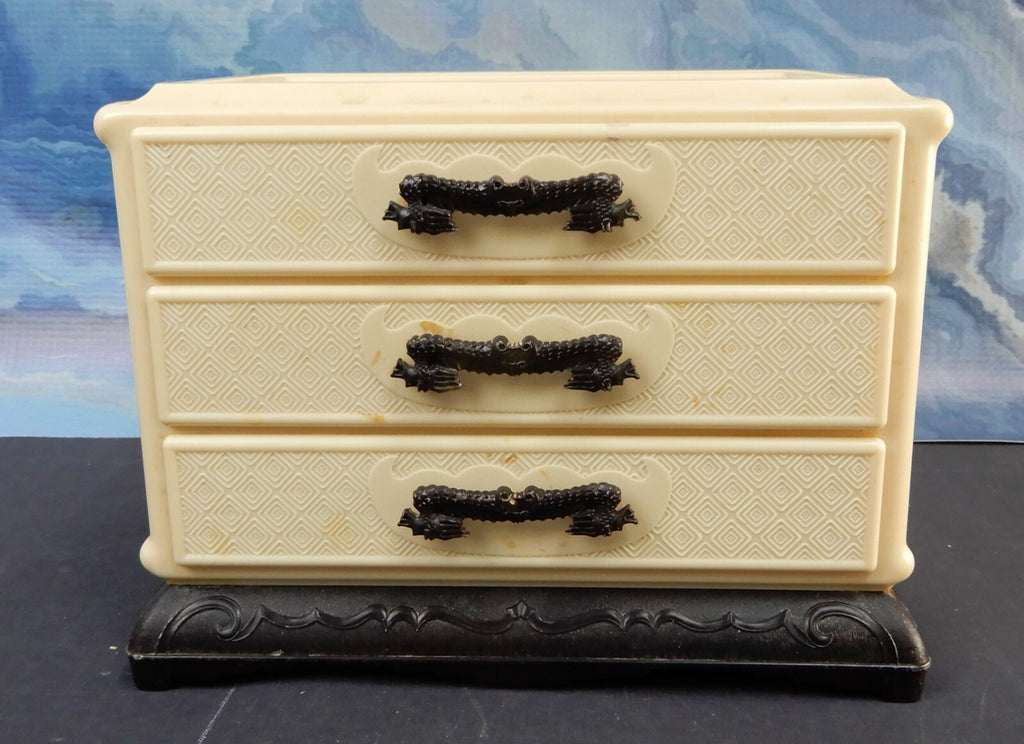 Vintage Asian Celluloid Bakelite Beige Jewelry Box Embossed Black Dragon Handles