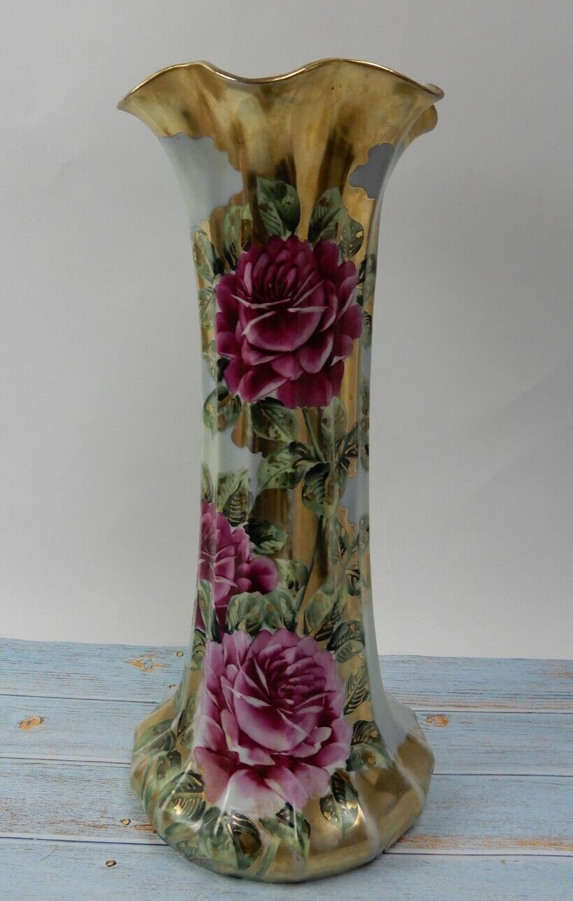 Vtge 15" Tall with Pink Roses and Gold Flute Shape Porcelain Vase No Manufacture