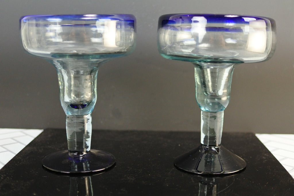 Lot Of 3 Vintage Mexican Hand Blown Cobalt Blue Rim Margarita Glasses