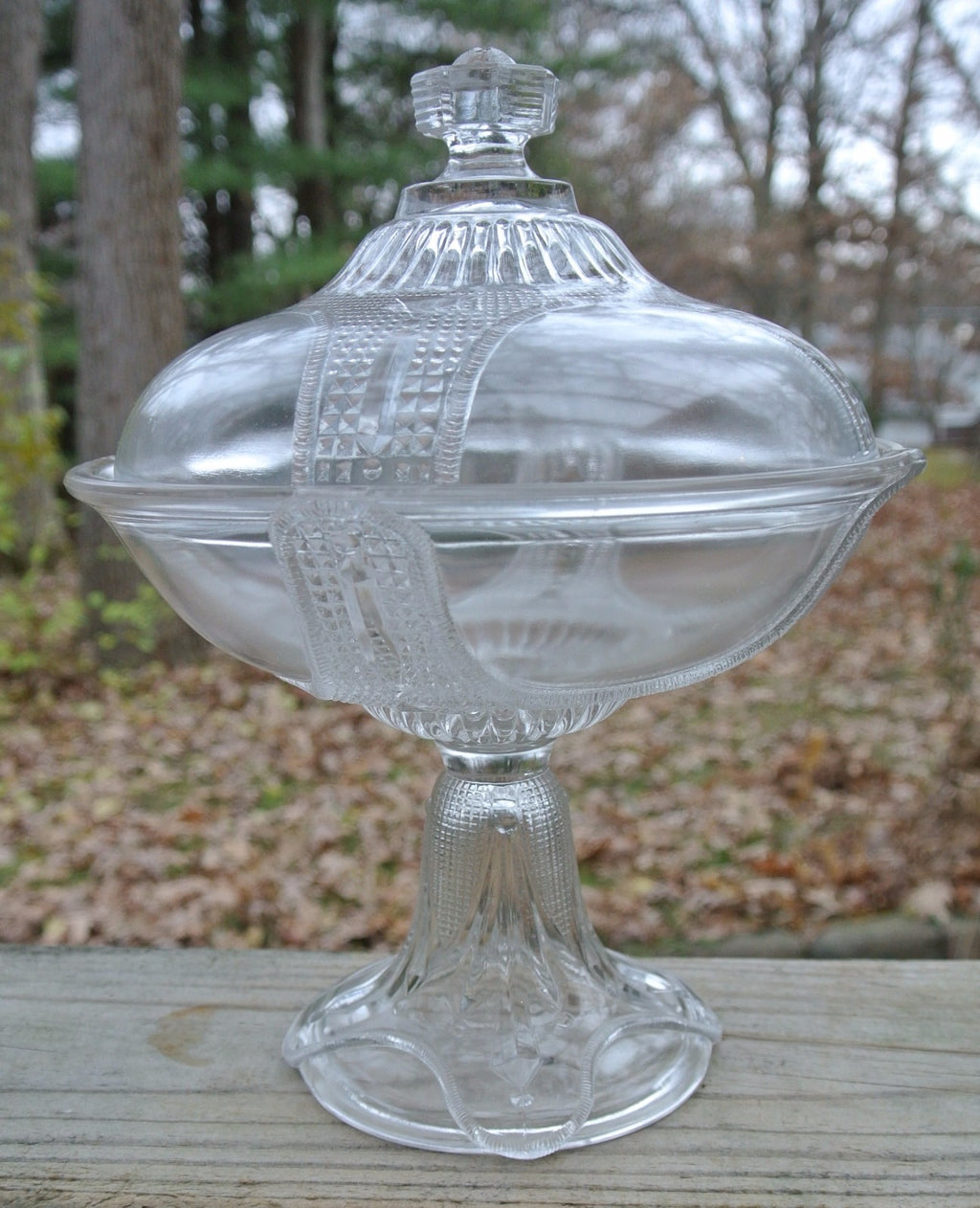 Curtain Tie Back Lidded Compote Early American Pattern Glass Adams & Co
