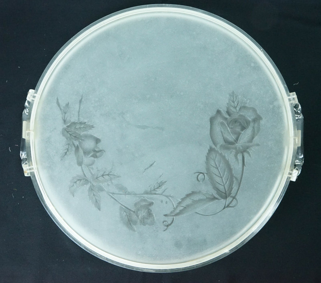 Vintage Round Rose Etched Glass & Lucite Serving Tray  18"x 16''