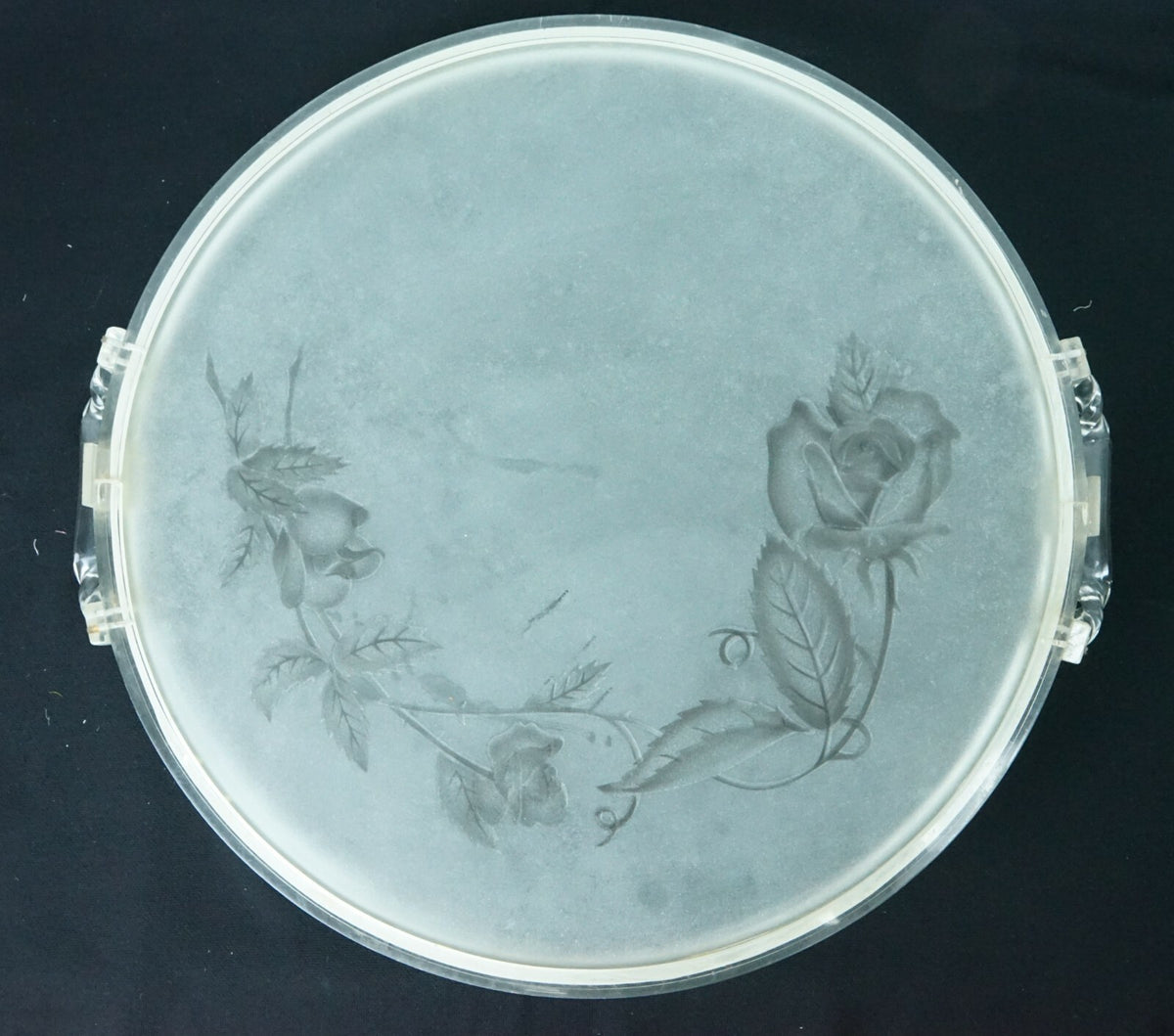 Vintage Round Rose Etched Glass & Lucite Serving Tray  18"x 16''