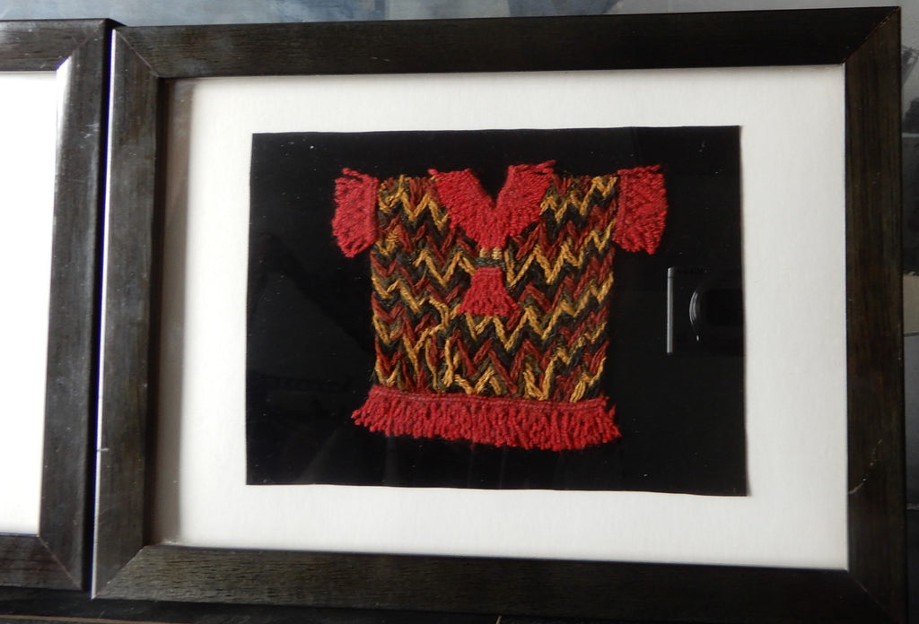 Set of Two Precolombian Woven Textile Small Doll Dress Framed 11" X  8"