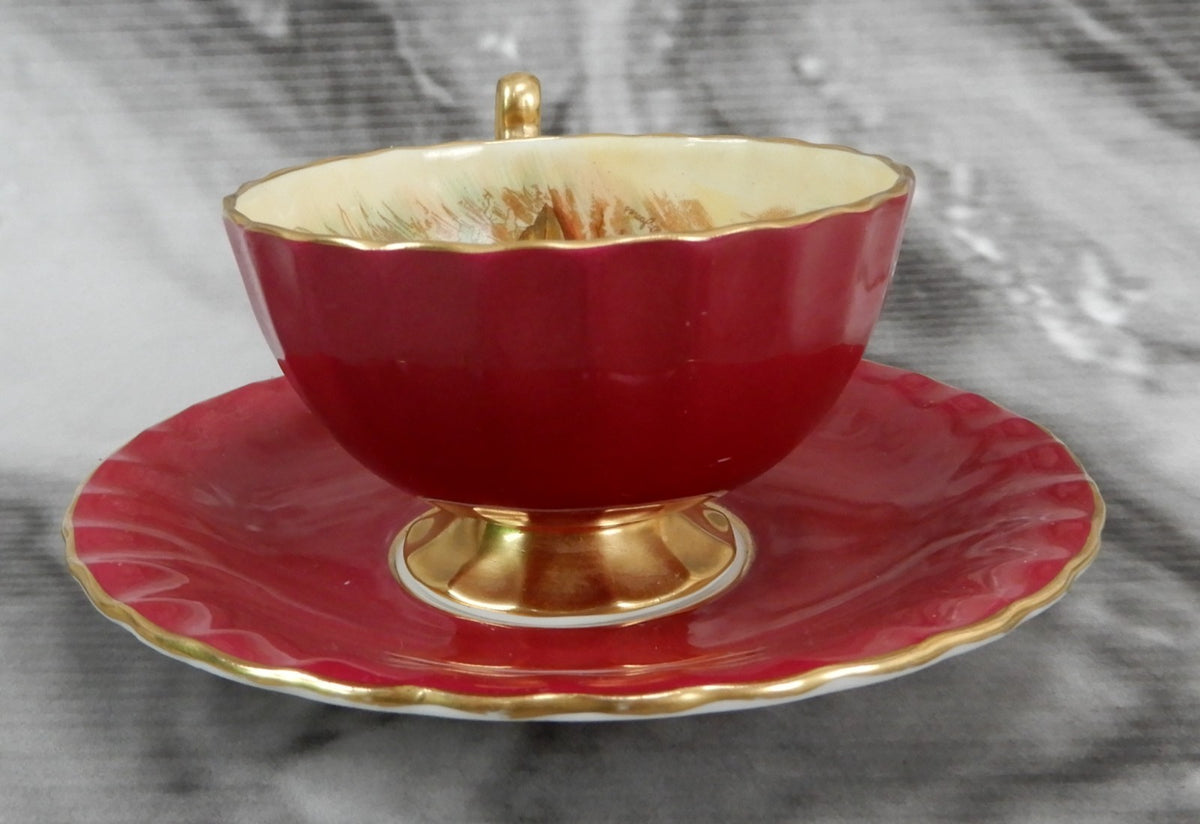 Vintage Aynsley "Orchard Fruit" England, Burgundy Cup, and Saucer Signed D.Jone