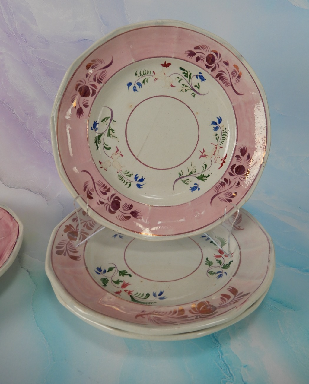 Set of 4 Vintage Staffordshire Pink Luster Salad Plates 8" C