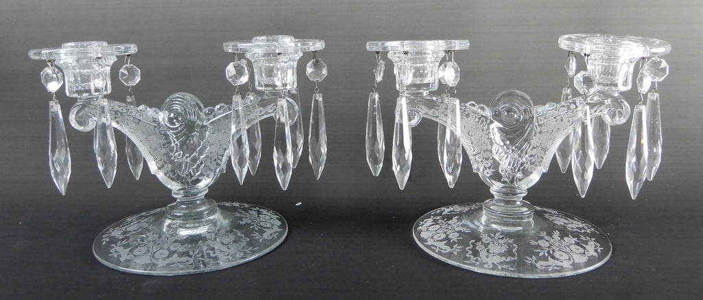 2 Pc. Double Light Candlestick Light Candelabras Fern Pat. Etched Base &Bobeches