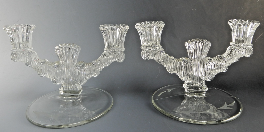 Pair of Paden City Largo Double Light Candle Holders Etch Leaf Base